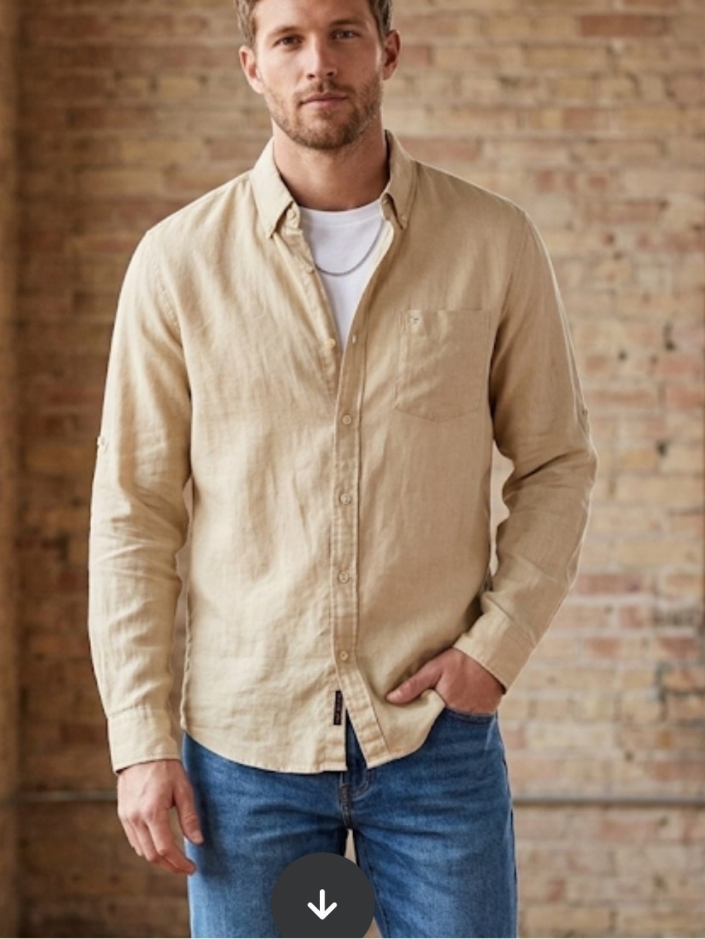 Black Brown 1826 Tan Linen Casual Button-Down Shirt – Roll-Tab Sleeves – Size XL
